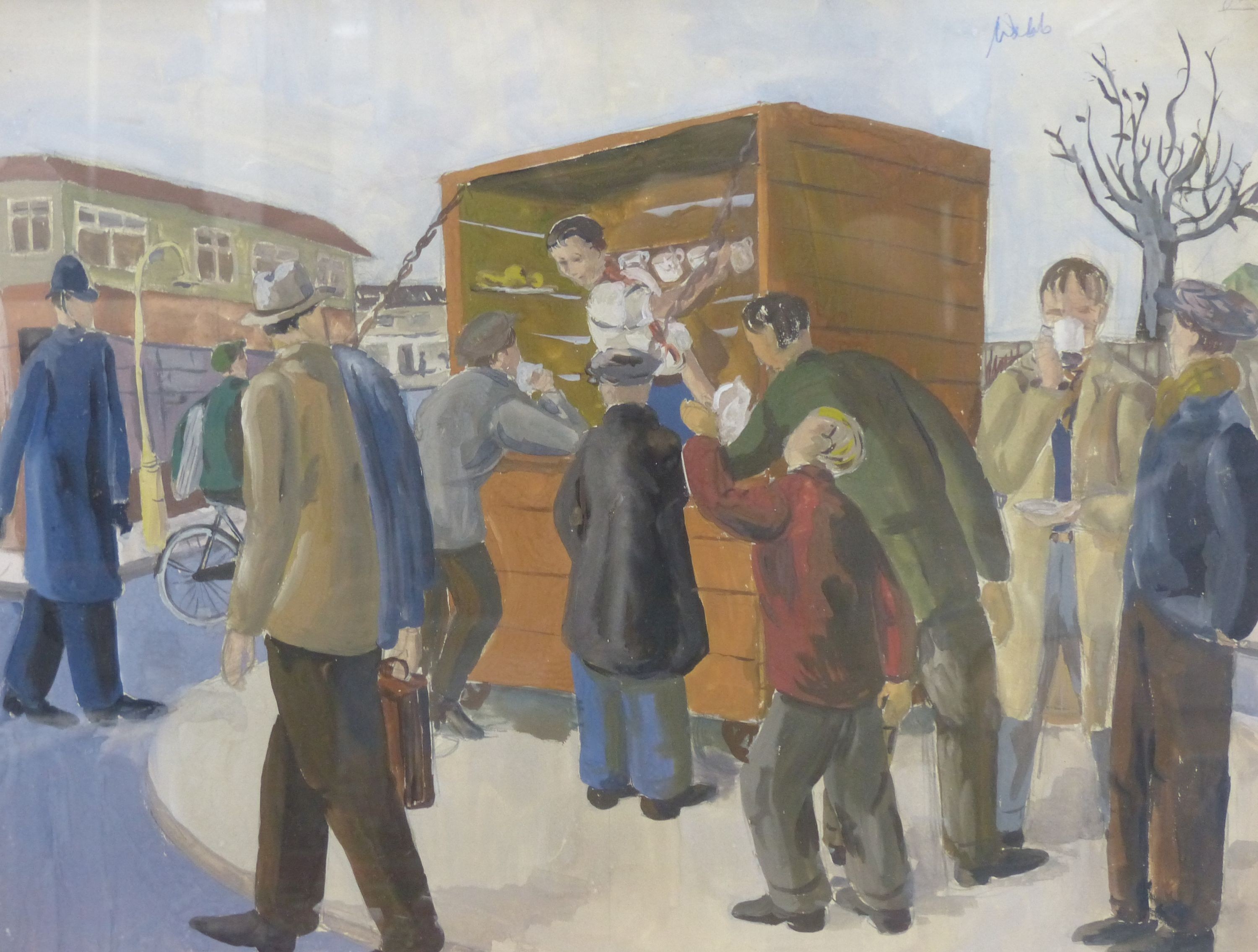 G. Webb (Modern British), watercolour and gouache, Workmen's Tea Break, signed, 36 x 47cm